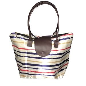 BLUE RED YELLOW CREAM STRIPED FOLDING HANDBAG / TOTE 11X15X5